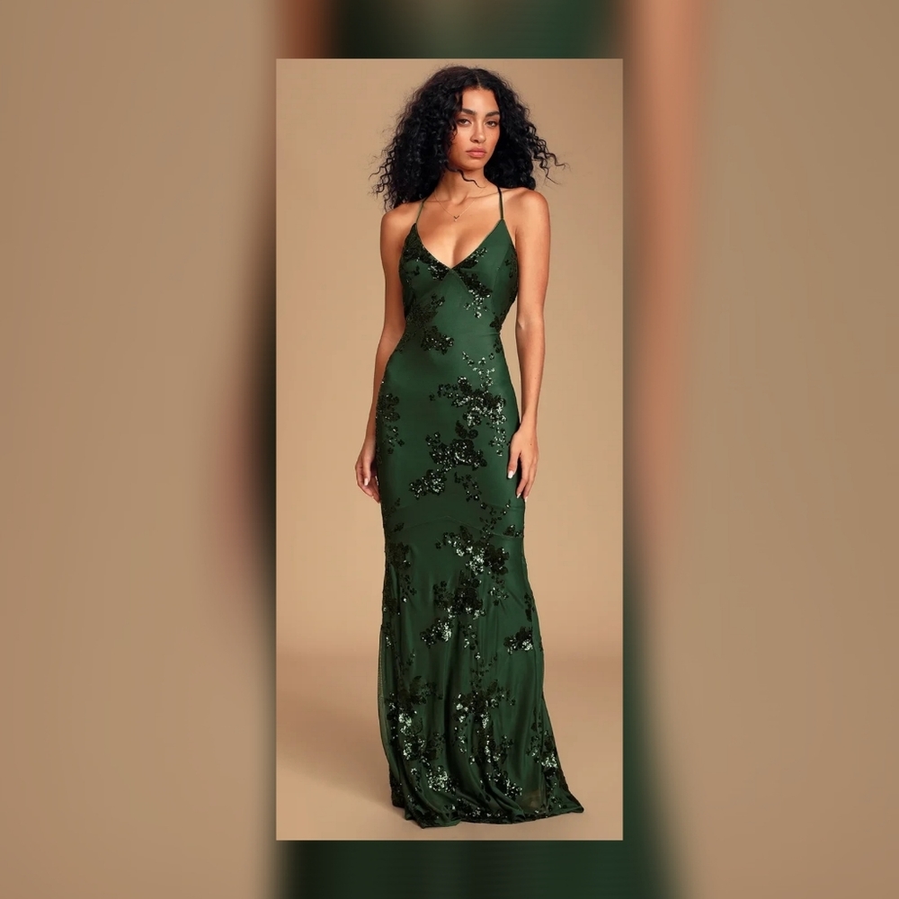 Lulu's Valhalla Forest Green Sequin Lace-Up Maxi Dress Size XS NWT